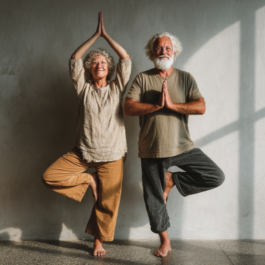 Літня жінка виконує вправи йоги в парку